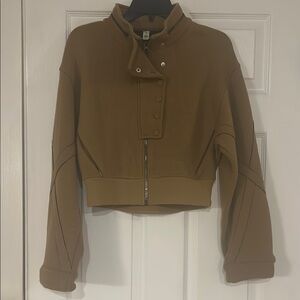 ALO Yoga Brown Bomber Jacket with Textured Fabric and Stand-Up Collar